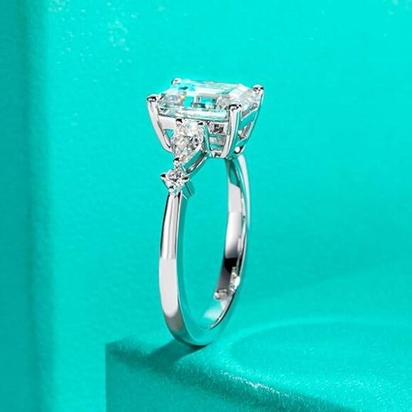 3.668cttw Emerald Cut Moissanite Ring D Color VVS1 925 Silver Side Stone - Picture 6 of 6